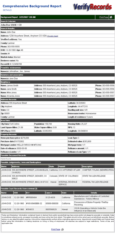 Comprehensive Background Report